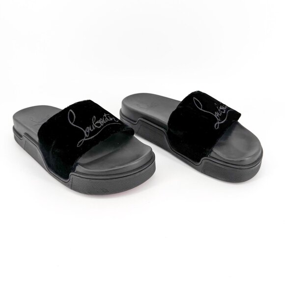 Christian Louboutin 'Navy Pool' Slide Sandals Size 37 US 7 Black Velvet Logo 26 - Picture 1 of 12